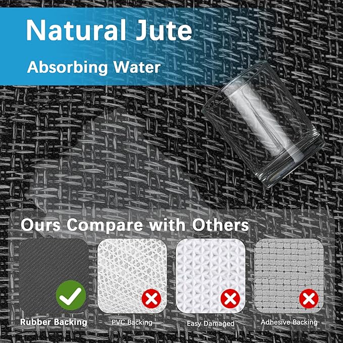 GOYLSER 15ft Jute Hallway Runner Rug Non Slip Washable, Rubber Backed Absorbent Laundry Rugs Laundry Room Runner, Black Long Entry Runner