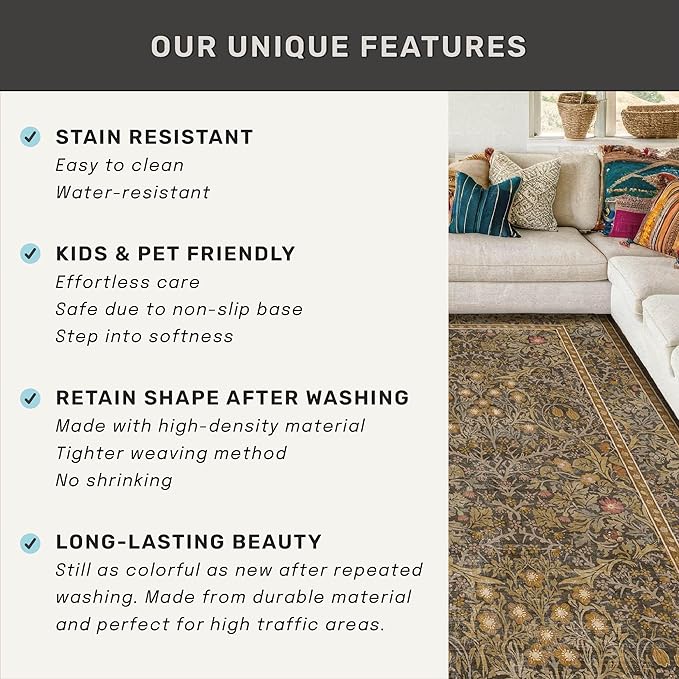 Gold Brown 2x6 Bathroom Runners Non Slip Washable, Low-Pile Runner Rugs for Kitchen, Entryway, Hallway, Laundry Room, Bedroom Bedside, Vintage Floral Stain Resistant Soft Carpet