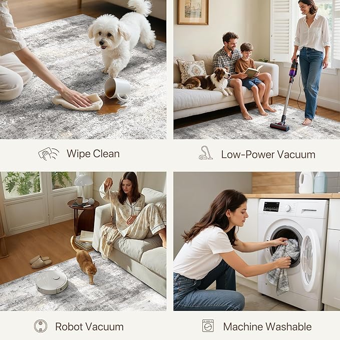 5x7 Area Rugs Washable Grey Rug for Living Room Bedroom, Modern Abstract Large Rug Non Slip, Water Repellent Low Pile Soft Carpet for Dining Room, Home Office, Grey Beige