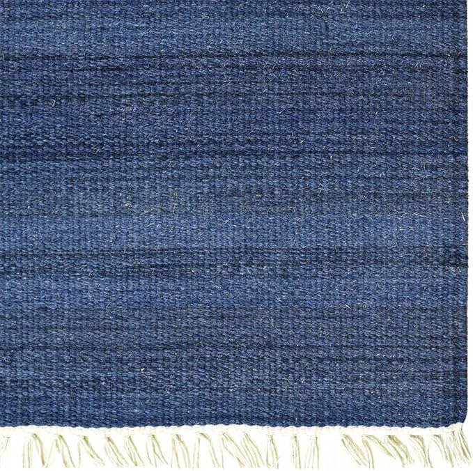 Rugsotic Carpets Hand Woven Flat Weave Kilim Wool ECO-Friendly Area Rugs - 5'x8', Rectangle Shape, Blue Color, Solid Plain Design, Low Pile Handmade Area Rugs for Living Room, Bed Room (D00111)