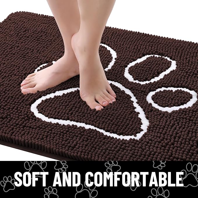 Smiry Dog Door Mat for Muddy Paws, Absorbent Dirt Trapper Non Slip Quick Dry Washable Chenille Mat for Mud Dogs, Entry Rug for Indoor and Outdoor (36x24 Inches, Brown and White)
