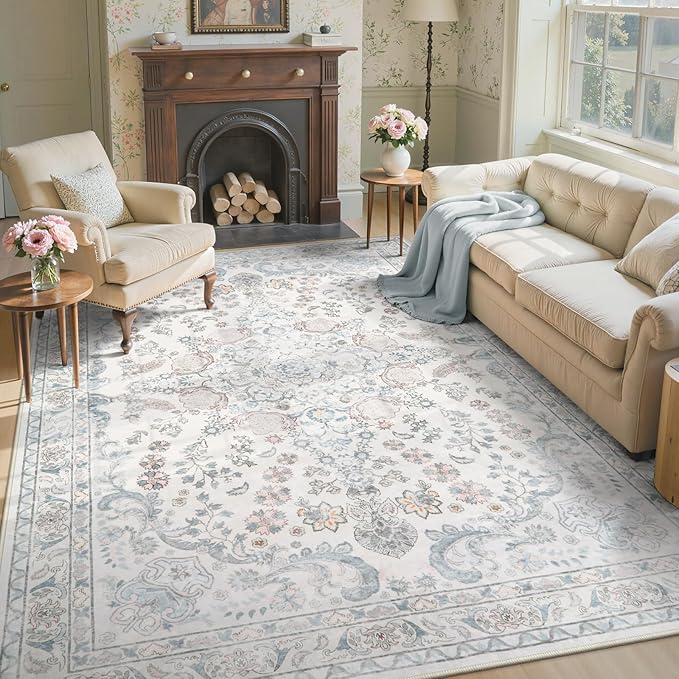 Wonnitar Floral 8x10 Washable Rug, Blue Rug for Bedroom Nursery Decor, Ultra-Thin Large Non-Slip Soft Boho Vintage Distress Print Carpet for Living Room Kids Playroom Office