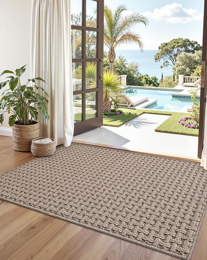 DEXI Front Entryway Door Mat Non Slip 48x72, Large Double Entry Way Mats Inside Entrance Low Profile, Welcome Doormat Dirt Trapper for Garage House Floor Home Porter Hall Backdoor Area, Light Taupe