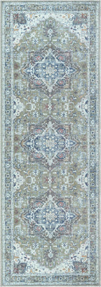 Bloom Rugs Washable Non-Slip 7 ft Runner - Green/Blue Traditional Medallion Runner for Entryway, Hallway, Bathroom, and Kitchen - Exact Size: 2.5' x 7'