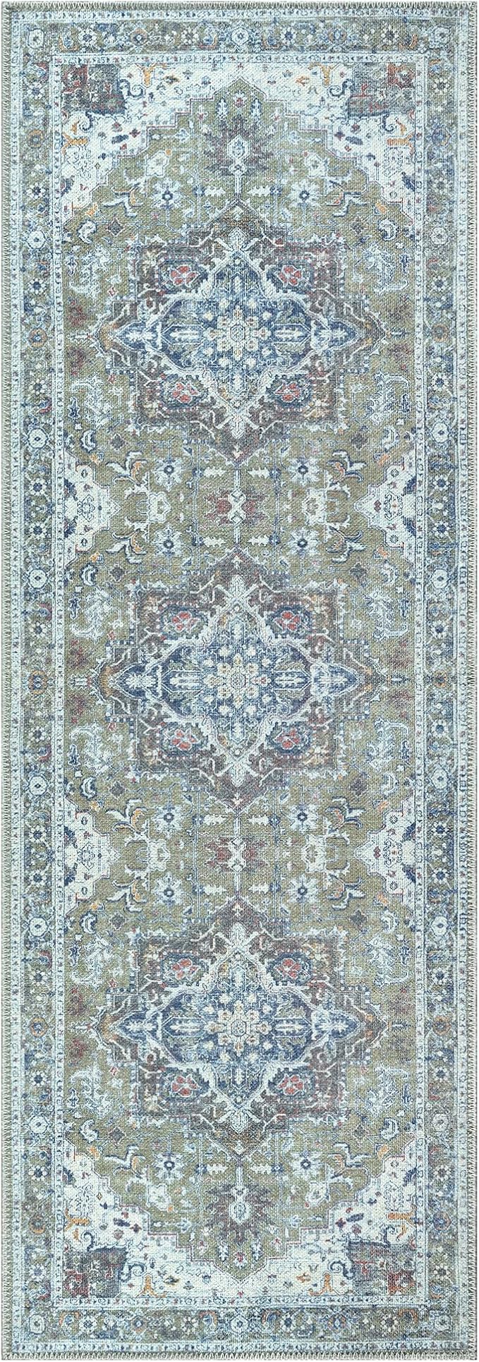 Bloom Rugs Washable Non-Slip 7 ft Runner - Green/Blue Traditional Medallion Runner for Entryway, Hallway, Bathroom, and Kitchen - Exact Size: 2.5' x 7'
