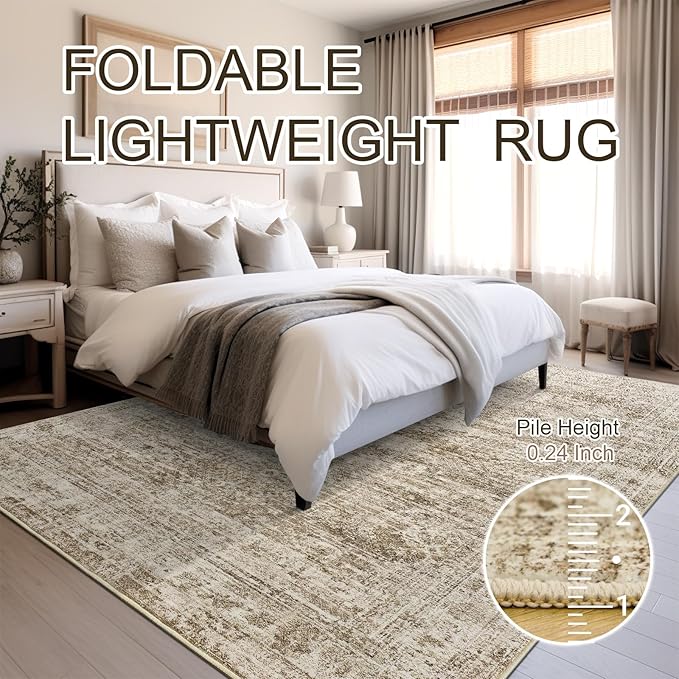 Area Rug 10x12 Vintage Washable Living Room Large Carpet Non Slip Bedroom Indoor Office Dining Room Low Pile Thin Rug Brown