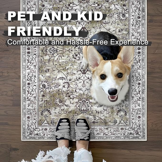 KILOCOCO Hallway Runner 2.6x14 Runner Rug Printed Vintage Floral Washable Rugs Kitchen Runners Soft Non-Slip Low Pile Rubber Backed Runners for Laundry Room Distressed Boho Rugs, Mossy Taupe