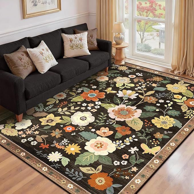 Floral 8x10 Area Rug Machine Washable Soft Print Boho Carpet Non Slip Doormat Low Pile Flower Area Rugs for Living Room Bedroom Nursery Kitchen Dining Room Indoor-Black/Yellow/Red