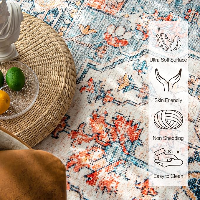 VK VK·LIVING Entryway Washable Rug 2'x3' Small Boho Bathroom Throw Area Rug Non Slip Doormat Indoor Front Door Machine Washable Carpet for Bathroom Kitchen Vintage (Blue Orange)