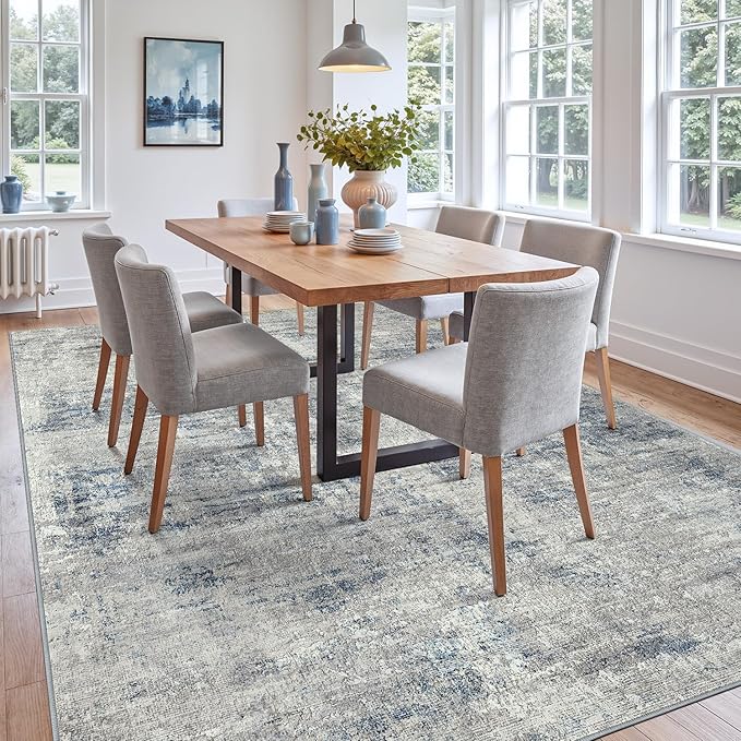 DEXI 8x10 Area Rug for Living Room, Modern Abstract Thin Washable Rug Indoor Floor, Non Slip Stain Resistant Low Pile Carpet for Dining Room Bedroom Office, Blue