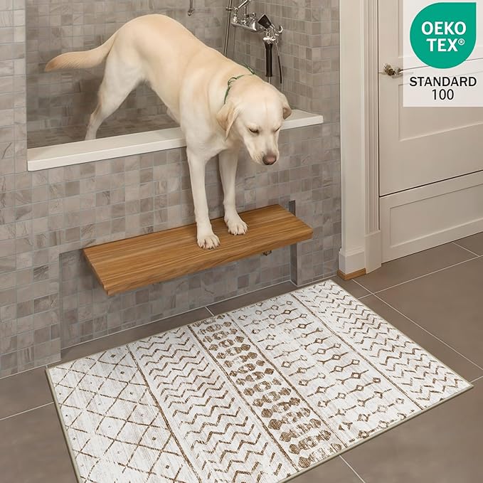 2x3 Machine Washable Area Rug for Entryway, Brown White Vintage Moroccan Rug Non-Slip Low Pile Soft Faux Wool Small Carpet, Kids and Pets Friendly for Bedroom Kitchen Hallway Home Decor Rug