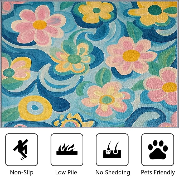 Floral Rugs for Bedroom - 4x5ft - Modern Artistic Flower Rugs for Living Room Non Slip Low Pile Machine Washable Area Rug, Floral Carpets Home Decor & Gifts