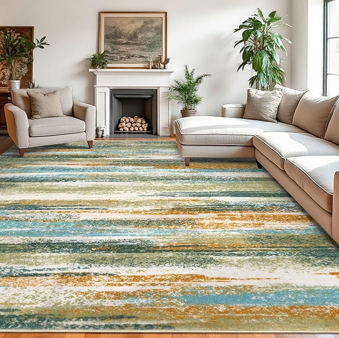 Modern Abstract 9x12 Large Machine Washable Living Room Rug Non-Slip Soft Bedroom Area Rug Green Mustard Multi Ultra Thin Print Faux Wool Carpet Throw Rugs for Playroom Dining Room Indoor