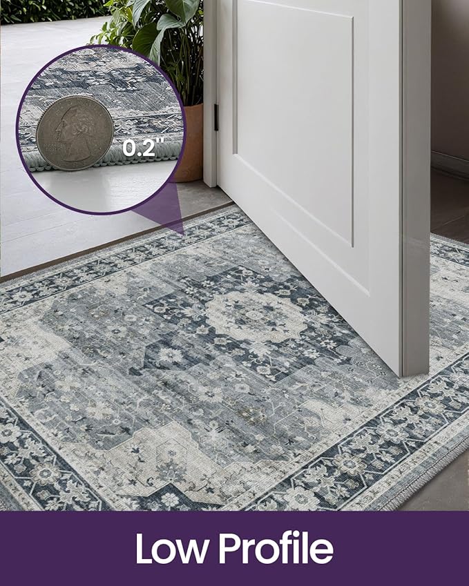 DEXI Area Rugs for Entryway 2'8"x4', Washable Low Pile Vintage Traditional Entry Rug Non Slip, Indoor Door Mat for Bedroom Kitchen Entrance Hallway, Blue Grey