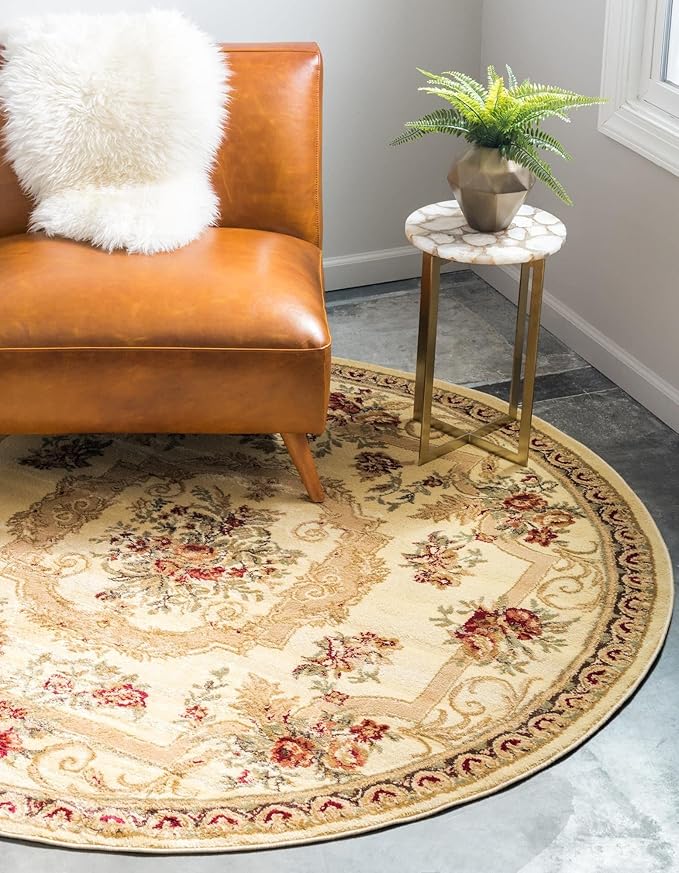 Rugs.com Chateau Collection Rug – 6 Ft Round Cream Medium Rug Perfect for Kitchens, Dining Rooms