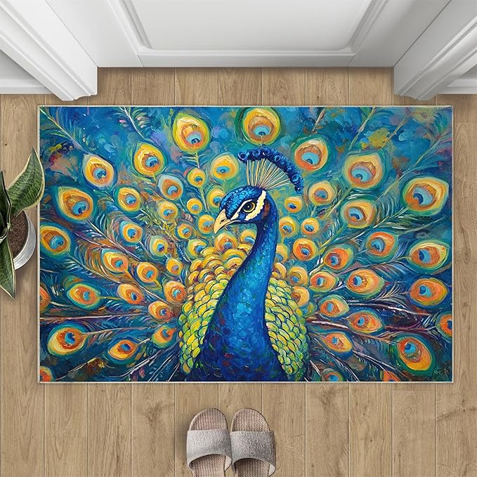 Peacock Area Rug 2x3-2x3 Rug, Wonderful Peacock Rugs for Living Room, Teal Turquoise Carpet, Peafowl Washable Area Rugs for Bedroom, Aesthetics Carpet - Peafowl Home Decor & Gifts