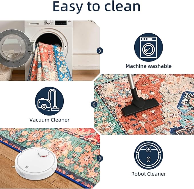 YJ.GWL Area Rugs for Living Room 9x12 Machine Washable Rugs, Non Slip Floral Vintage Rug Indoor Carpet, Stain Resistant Large Rug for Bedroom Dining Room, Red Blue Gradient Color