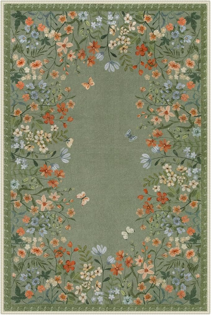 Wonnitar 2x3 Boho Bathroom Rugs Non Slip Washable Kitchen Rug, Green Floral Small Area Rugs for Entryway, Low Pile Soft Door Mat Indoor Entrance Throw Carpet for Bedside Laundry Room (Green,2'x3')
