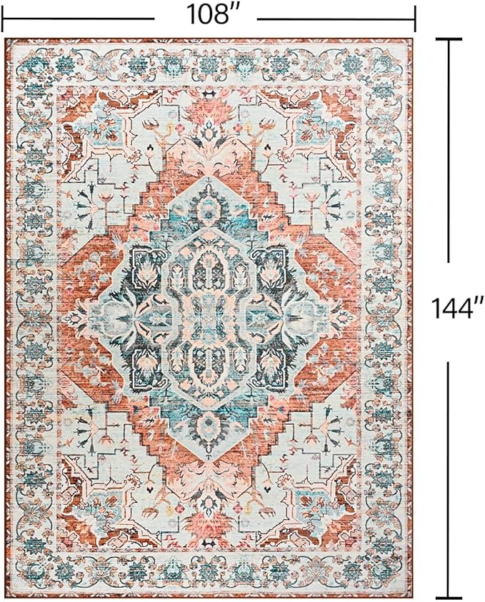 YJ.GWL Area Rugs for Living Room 9x12 Machine Washable Rugs, Non Slip Floral Vintage Rug Indoor Carpet, Stain Resistant Large Rug for Bedroom Dining Room, Copper Tan