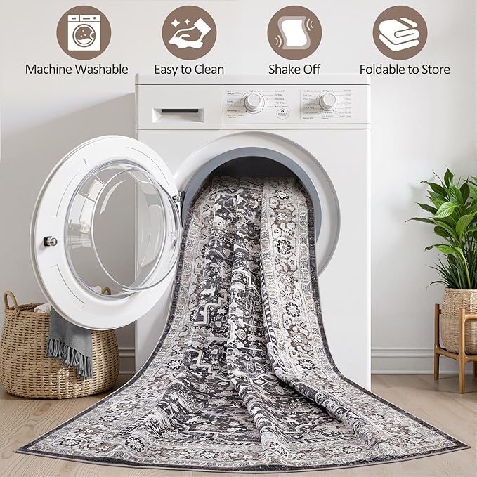 9x12 Area Rug Living Room: Washable Boho Large Vintage Moody Soft Rugs Distressed Oriental Stain Resistant Non-Slip Indoor Floor Carpet for Bedroom Playroom Office Dining Room Retro Home House- Black
