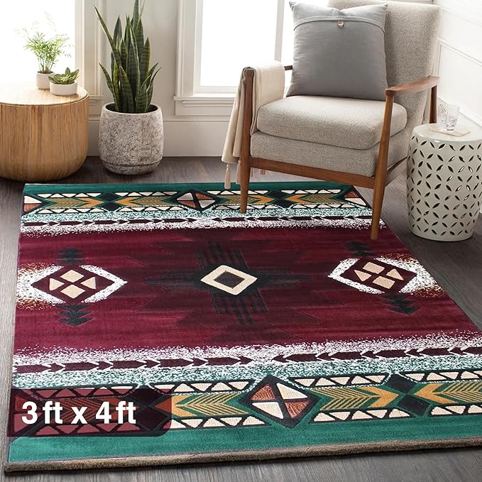 YHSF South West Native American Area Rug C318 - Easy Clean, Thick, Soft, Durable Native Tribal American Indian Inspired Rug for Bedroom/Living Room and More - Burgundy, 3 Feet x 4 Feet 7 Inches