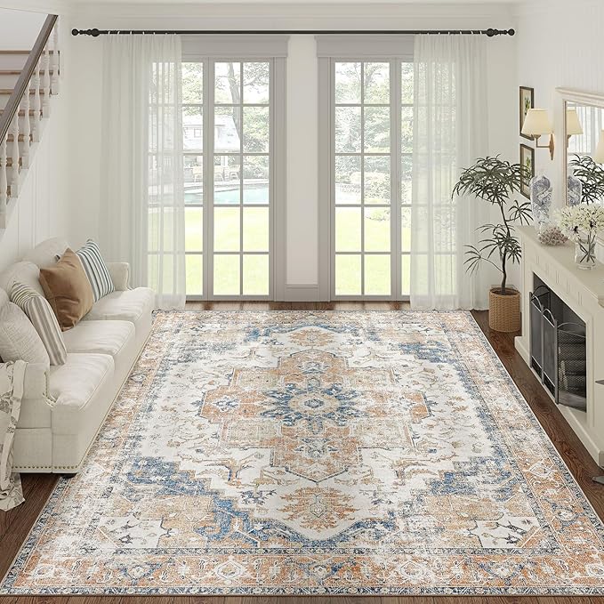 jinchan Kelda Area Rug 9x12 Washable Living Room Rug Vintage Indoor Large Floor Cover Distressed Lightweight Non-Slip Low Pile Thin Mat Accent Stain Resistant Carpet for Bedroom Office Orange
