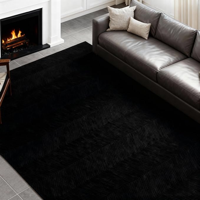 Area Rug for Living Room - 3x5 Soft Faux Rabbit Fur Modern Geometric Wave Carpet for Bedroom, Black