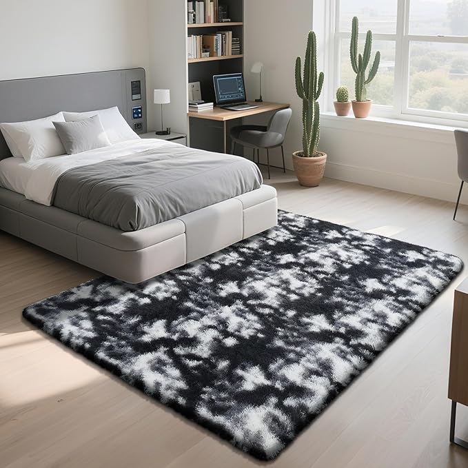Fluffy Rug Shaggy Area Rug, Mottling Black 5x8 Area Rugs for Bedroom, Small Bedside Rug, Soft Fluffy Shaggy Entryway Throw Rugs for Living Room Bedroom Kids Room Home Decor