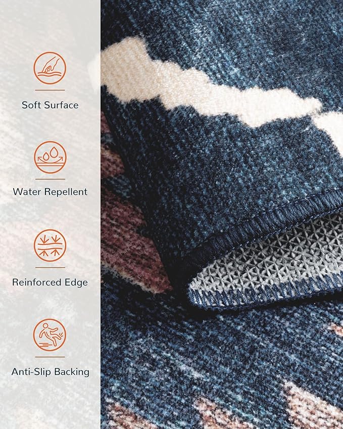 Area Rug 2x3 Rug Machine Washable Non-Slip Low Pile Print Pattern Western Rug for Living Room Bedroom Entryway Tribal Series -Darkblue