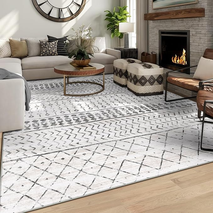 8x10 Machine Washable Area Rug for Living Room, Grey White Vintage Moroccan Rug Large Non-Slip Low Pile Soft Faux Wool Carpet, Kids and Pets Friendly for Bedroom Dining Room Farmhouse Home Decor Rug