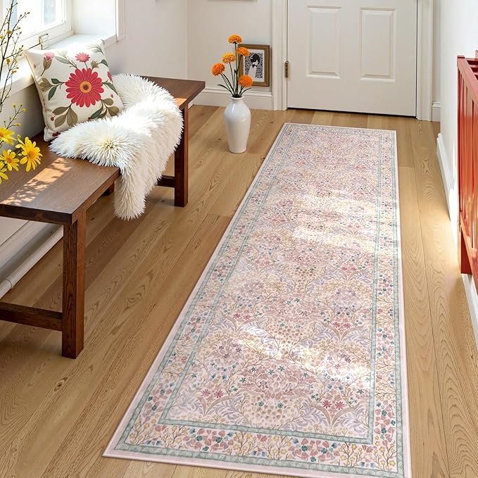 Lahome Floral Washable Kitchen Runner Rug, 2x6 Runners for Hallways Non Slip Ultra-Thin, Boho Soft Hallway Rug Forest Pink Carpet for Bedroom Bathroom Laundry Room, Pink
