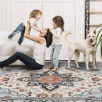 Washable Area Rugs 8x10, Large Rugs for Living Room, Carpet for Bedroom, Soft Faux Wool Retro Dining Room Rug, Non-Slip Backing Resistant Low Pile Vintage Print Rug for Home Office (Blue/Gray)