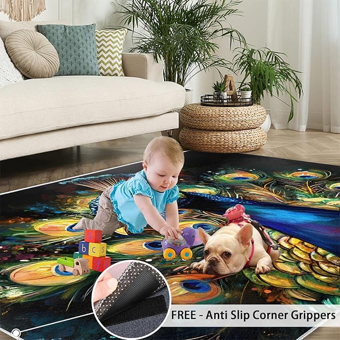 Peacock Rugs for Bedroom - 4x6 Area Rug - 3D Peacock Rugs for Living Room, Abstract Watercolor Animal Rug, Non-Slip Washable Home Decor Carpet