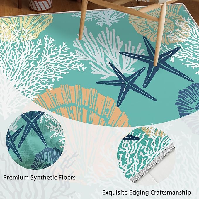 Tritard Coastal Runner Rug Nautical Hallway Rugs Beach Themed Non-Slip Machine Washable Rugs Modern Floor Carpet for Living Room Bedroom, 2x6, Teal and Turquoise