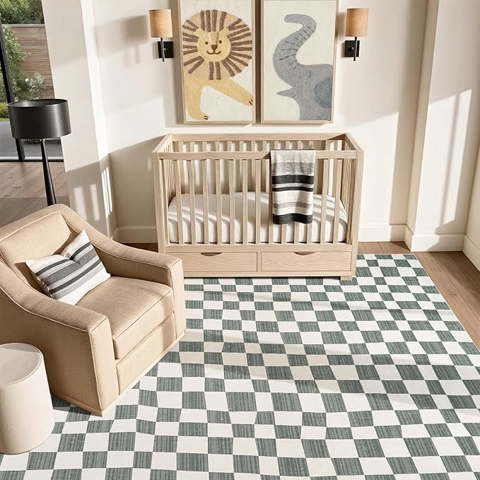 jinchan 6x9 Checkered Area Rugs for Kids Room - Machine Washable Soft Rug Modern Geometric Lattice Non-Slip Carpet for Nursery Playroom Classroom Living Room Bedroom Dining Room Home Office Grey