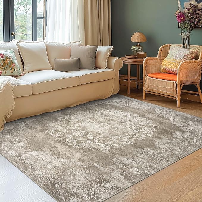 jinchan Vintage Floral 4x6 Area Rugs - Machine Washable Distressed Design Soft Ultra-Thin Low-Pile Non-Slip Carpet for Entryway Kitchen Bedroom Nursery Living Room Dining Room (4x6ft, Brown)