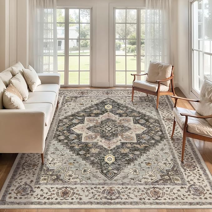 Tangsoo 5x7 Area Rug Washable Rug for Living Room, Vintage Indoor Non Slip Large Area Rugs, Print Distressed Grey Carpet, Soft Low Pile Foldable Floor Rug for Bedroom Dining Room Dorm