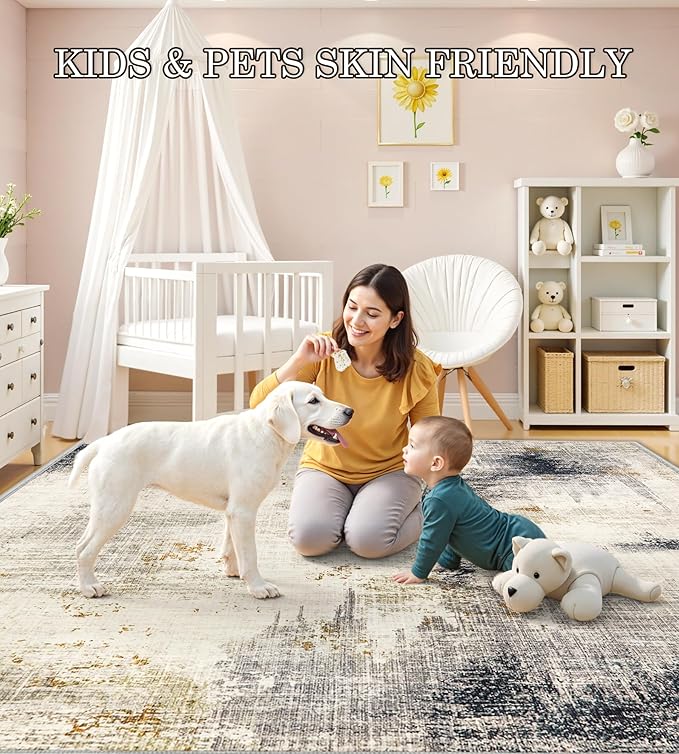 7x9 Washable Area Rugs - Modern Abstract Rugs for Living Room Non-Slip Low Pile Soft Machine Washable Carpet for Bedroom, Dining Room, Nursery, Home Office, Farmhouse (7'x9' Beige Tan)