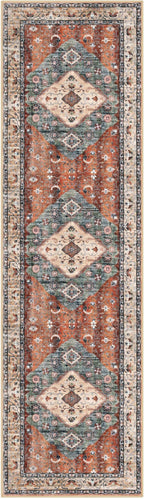 KOZYFLY Long Runners for Hallways 2.6x10 Ft Washable Kitchen Boho Runner Rug for Entryway Indoor Rust/Orange/Blue Printed Faux Wool Stair Runner Floor Carpet Runner for Stair Kitchen Hall