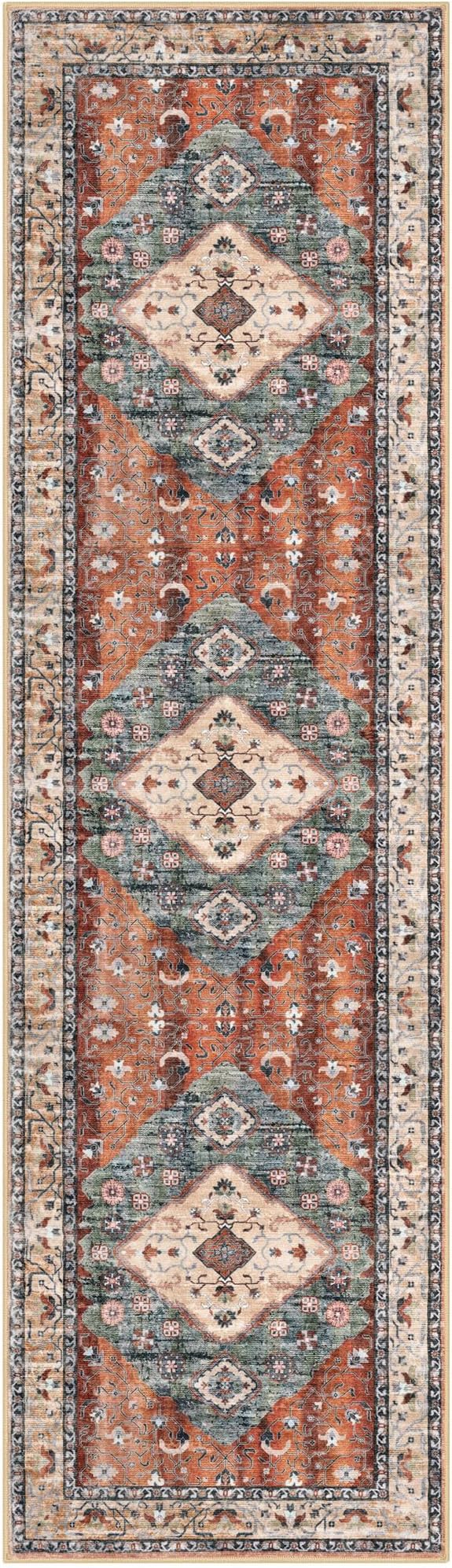 KOZYFLY Runners for Hallways 2x8 Ft Washable Kitchen Runner Rug Boho Runner Rug for Entryway Indoor Rust/Orange/Blue Printed Oriental Faux Wool Floor Carpet Runner for Bedroom Kitchen Hall