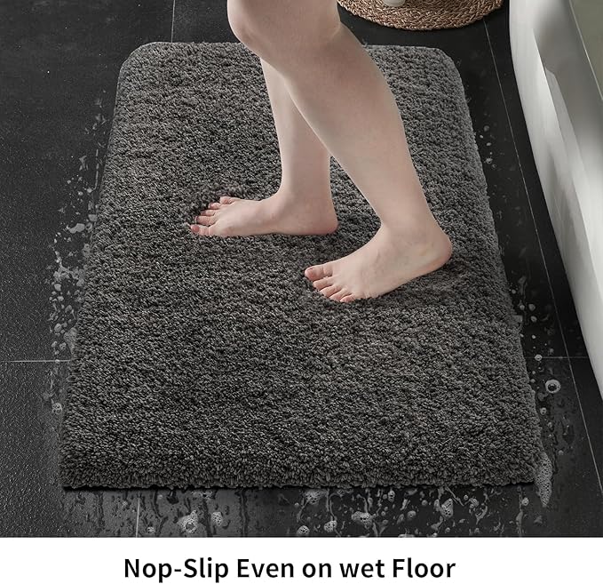 Small Bathroom Rugs 17x24 Non Slip Dark Grey Fluffy Bath Mat for Bathroom Floor Machine Washable Plush Luxury Bath Rug for Tub Soft Shaggy Absorbent Shower Mat
