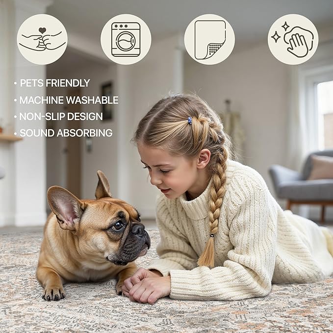 Bavni Washable Rugs 8x10-Machine Washable Rug Lightweight Low Pile, Vintage Floral Rug Non-Shedding Distressed Throw Carpet for Living Room Bedroom Office, Beige Gery