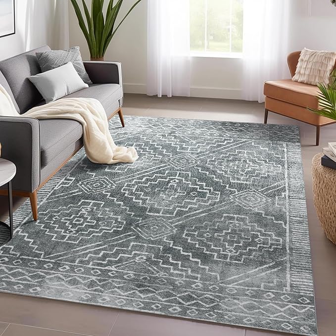 jinchan Moroccan 5x7 Area Rugs for Bedroom - Machine Washable Soft Modern Geometric Stain Resistant Non-Slip Ultra-Thin Low-Pile Faux Wool Carpet for Living Room Kitchen Dining Room (5x7ft,Dark Grey)