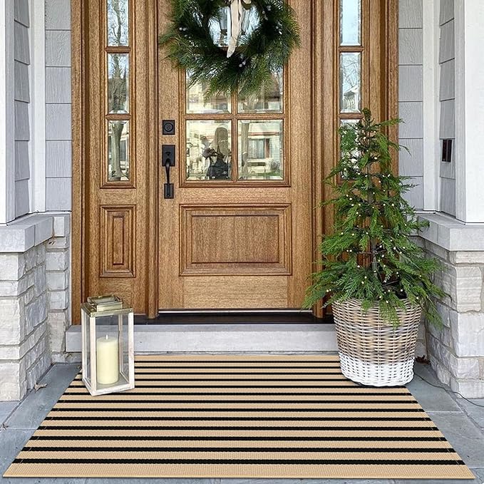 KOZYFLY Brown and Black Striped Porch Rug 27.5x43 Inches Area Rug Washable Outdoor Doormat Front Door Mat Cotton Striped Indoor Outdoor Rugsfor Front Door Kitchen Entryway Patio Porch