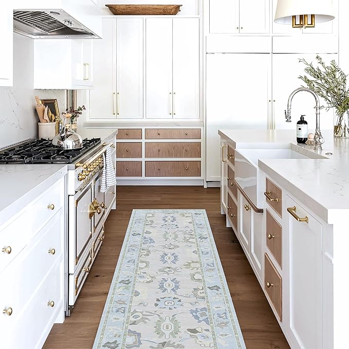 Fame Living Cream Blue Oushak Rug, Modern Rugs, Vintage, Turkish, Eclectic, Floral, Pastel, Washable, Small Throw, Accent Area Rug for Living Room, Bedroom, Kitchen, Bathroom, 2'5"x4'9"