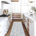 Fame Living Cream Blue Oushak Runner Rug, Modern Runners, Vintage, Turkish, Eclectic, Floral, Pastel, Washable, Runner for Hallway, Kitchen, Bedroom, Bathroom, 2'5"x9'8"