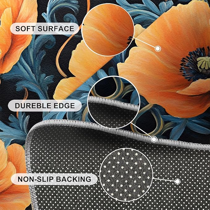 4x5 Poppy Indoor Outdoor Rug - Retro Florals Art Bedside Rug, Rustic Flowers Art Washable Entry Way Rugs Kids Carpet for Inside House Playroom Living Room End Table Nursery