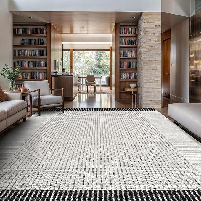 Modern Micro Loop Indoor Area Rugs for Living Room Bedroom Kitchen Geometric Striped Black-White 9x12 Luxury Durable Low and High Pile Non-Shedding Stain Resistant Soft Area Carpet 9 x 12