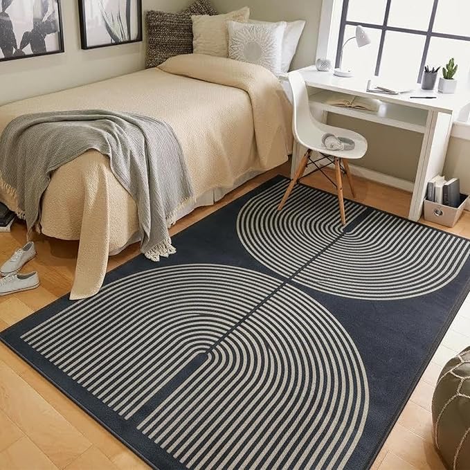 Modern Rainbow Area Rug 4x6 Black Comfort Soft Low Profile Machine Washable Non-Slip Rug, Contemporary Backyard Living Room Mat