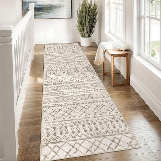 KUTA Moroccan Washable Runner Rug 2.6x8, Non-Slip Vintage Beige Boho Hallway Runners Kitchen Rugs Ultra Soft Print Distressed Geometric Floor Carpet for Bedroom Laundry Living Room